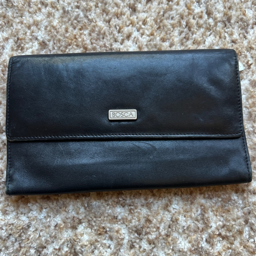Vintage Napa Vitello By Bosca Black Leather Trifold/ Clutch Wallet
